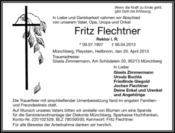 Traueranzeige von Fritz Flechtner von Frankenpost