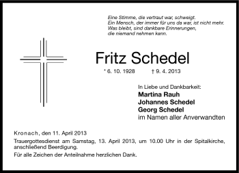 Traueranzeige von Fritz Schedel von Neue Presse Coburg