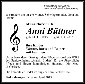 Traueranzeige von Anni Büttner von Südthüringer Presse