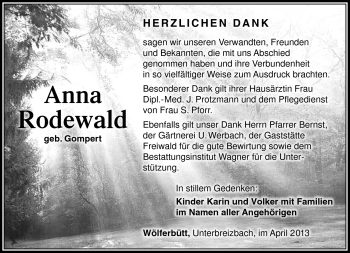 Traueranzeige von Anna Rodewald von Südthüringer Presse