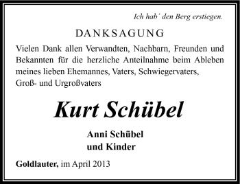 Traueranzeige von Kurt Schübel von Südthüringer Presse