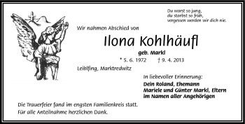 Traueranzeige von Ilona Kohlhäufl von Frankenpost