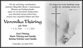 Traueranzeige von Veronika Thüring von Südthüringer Presse