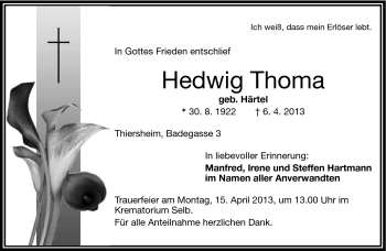 Traueranzeige von Hedwig Thoma von Frankenpost