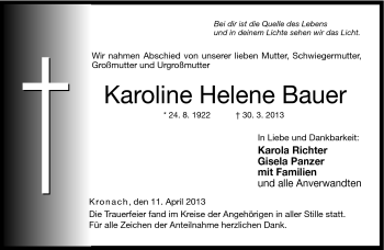 Traueranzeige von Karoline Helene Bauer von Neue Presse Coburg