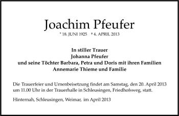 Traueranzeige von Joachim Pfeufer von Südthüringer Presse