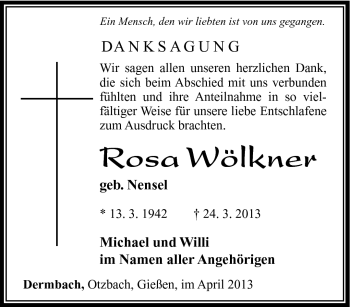 Traueranzeige von Rosa Wölkner von Südthüringer Presse