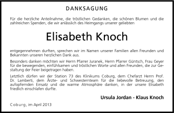 Traueranzeige von Elisabeth Knoch von Neue Presse Coburg