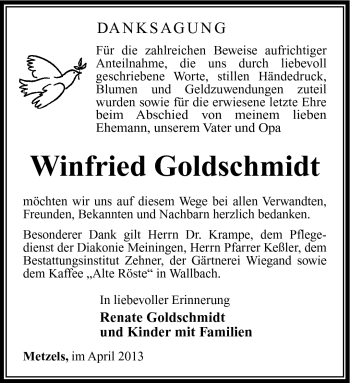 Traueranzeige von Winfried Goldschmidt von Südthüringer Presse