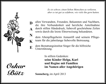 Traueranzeige von Oskar Bätz von Südthüringer Presse