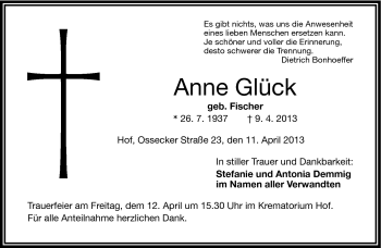 Traueranzeige von Anne Glück von Frankenpost