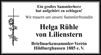Traueranzeige von Helga Rühle von Lilienstern von Südthüringer Presse