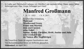 Traueranzeige von Manfred Großmann von Südthüringer Presse