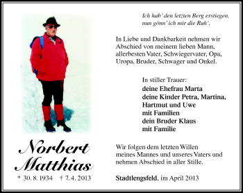 Traueranzeige von Norbert Matthias von Südthüringer Presse