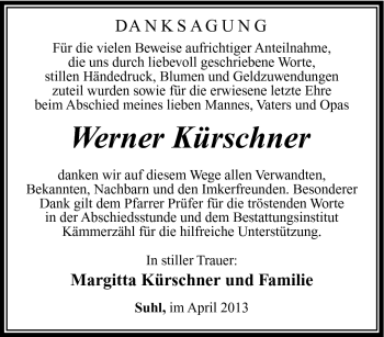 Traueranzeige von Werner Kürschner von Südthüringer Presse