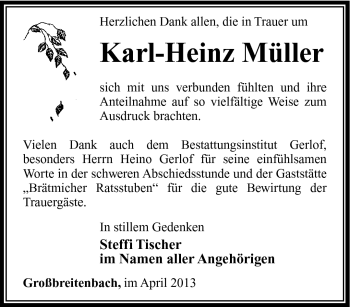 Traueranzeige von karl-Heinz Müller von Südthüringer Presse