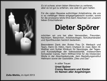 Traueranzeige von Dieter Spörer von Südthüringer Presse