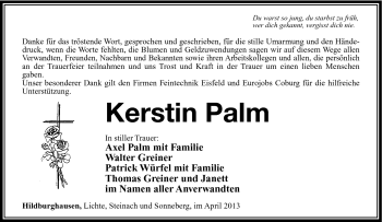 Traueranzeige von Kerstin Palm von Südthüringer Presse