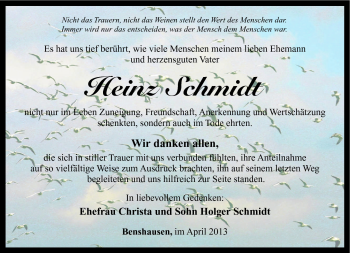 Traueranzeige von Heinz Schmidt von Südthüringer Presse