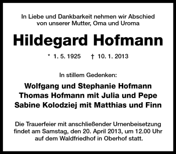 Traueranzeige von Hildegard Hofmann von Südthüringer Presse