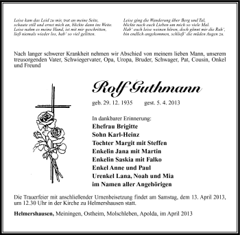 Traueranzeige von Rolf Guthmann von Südthüringer Presse