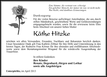 Traueranzeige von Käthe Hitzke von Südthüringer Presse