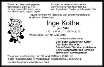 Traueranzeige von Inge Kothe von Frankenpost