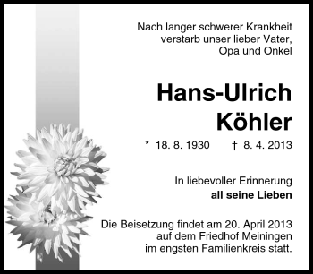 Traueranzeige von Hans-Ulrich Köhler von Südthüringer Presse