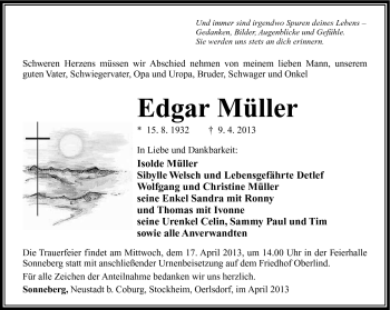 Traueranzeige von Edgar Müller von Südthüringer Presse
