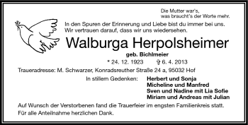 Traueranzeige von Walburga Herpolsheimer von Frankenpost