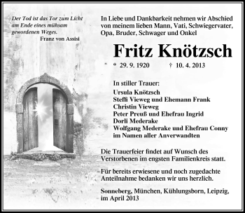 Traueranzeige von Fritz Knötzsch von Südthüringer Presse