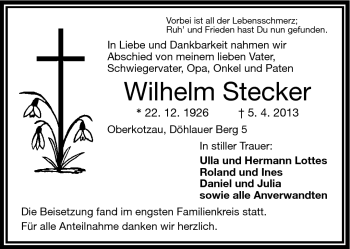 Traueranzeige von Wilhelm Stecker von Frankenpost