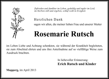 Traueranzeige von Rosemarie Rutsch von Südthüringer Presse