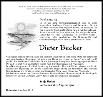 Traueranzeige von Dieter Becker von Südthüringer Presse