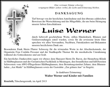 Traueranzeige von Luise Werner von Südthüringer Presse