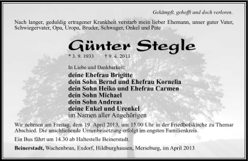 Traueranzeige von Günter Stegle von Südthüringer Presse