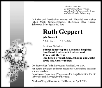 Traueranzeige von Ruth Geppert von Südthüringer Presse
