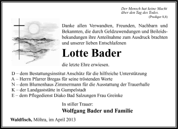 Traueranzeige von Lotte Bader von Südthüringer Presse