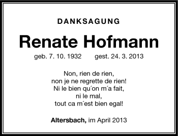 Traueranzeige von Renate Hofmann von Südthüringer Presse