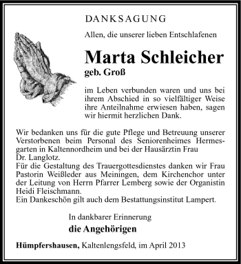 Traueranzeige von Marta Schleicher von Südthüringer Presse