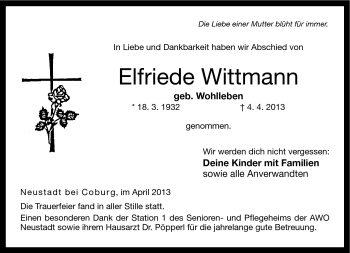 Traueranzeige von Elfriede Wittmann von Neue Presse Coburg