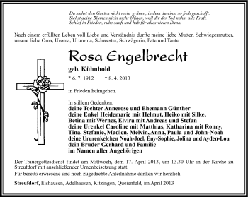 Traueranzeige von Rosa Engelbrecht von Südthüringer Presse
