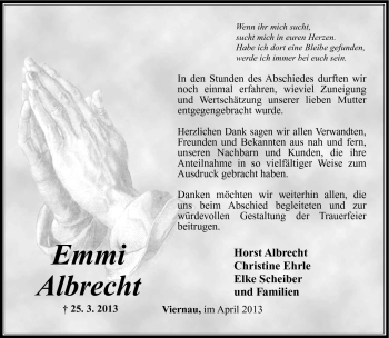 Traueranzeige von Emmi Albrecht von Südthüringer Presse