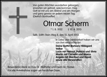 Traueranzeige von Otmar Scherm von Frankenpost