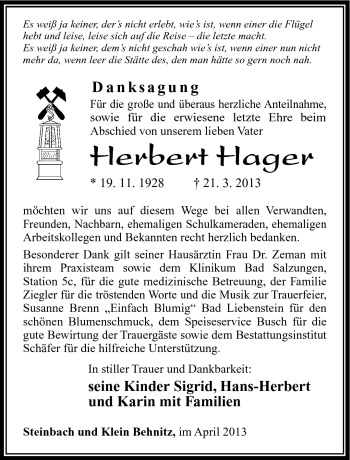 Traueranzeige von Herbert Hager von Südthüringer Presse