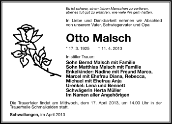 Traueranzeige von Otto Malsch von Südthüringer Presse