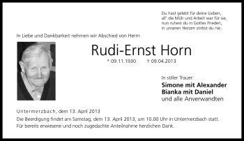 Traueranzeige von Rudi-Ernst Horn von Neue Presse Coburg