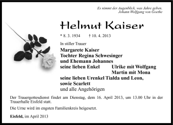 Traueranzeige von Helmut Kaiser von Südthüringer Presse