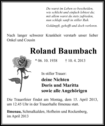 Traueranzeige von Roland Baumbach von Südthüringer Presse