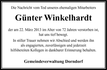 Traueranzeige von Günter Winkelhardt von Südthüringer Presse